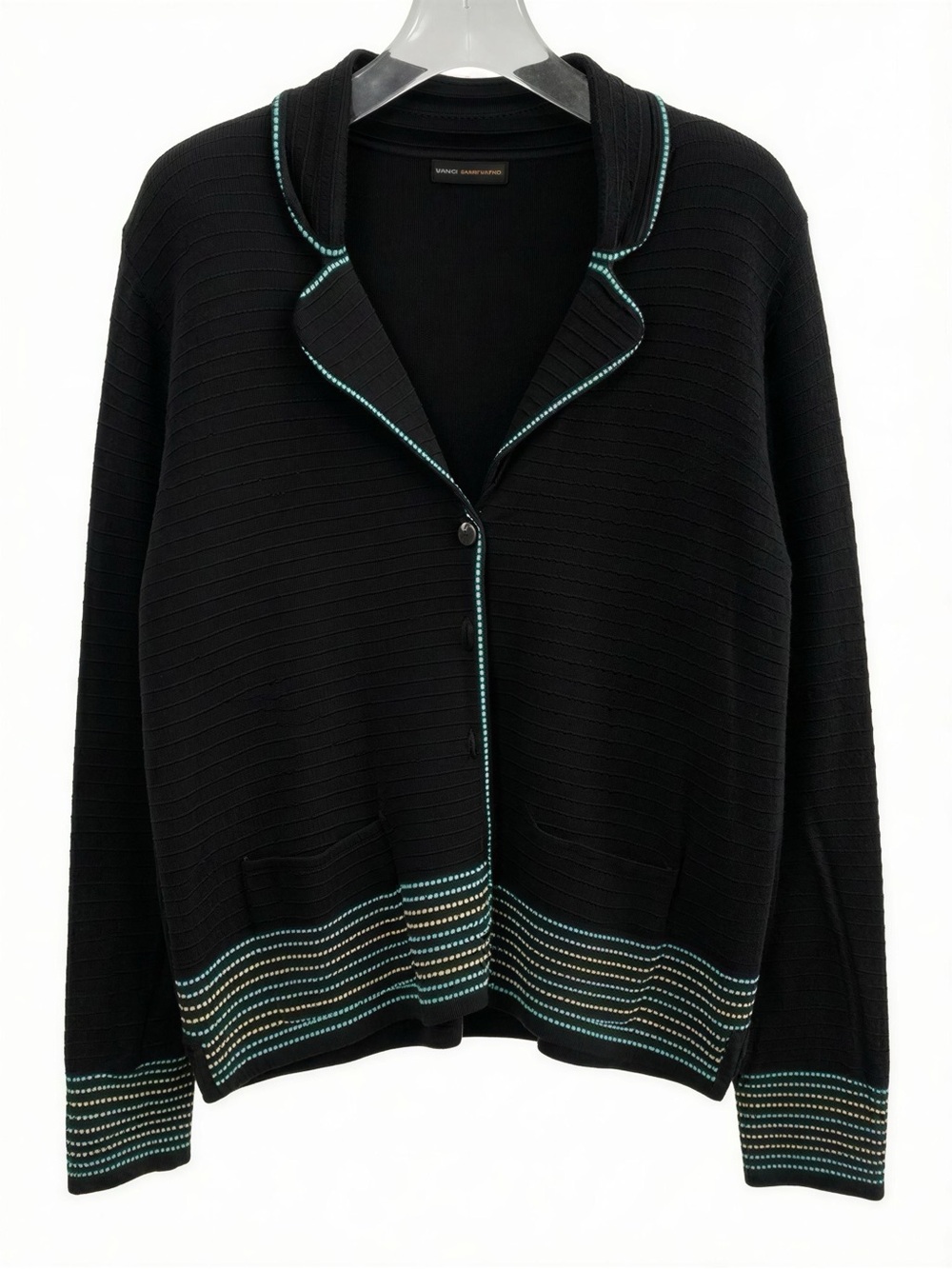 Grace Black Cardigan Sweater with Aqua and Cream Trim